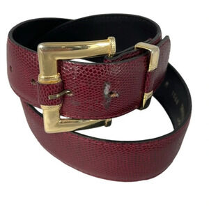 VINTAGE 90’s Simon Chang Reptile Embossed Belt Burgundy Gold Buckle Leather M